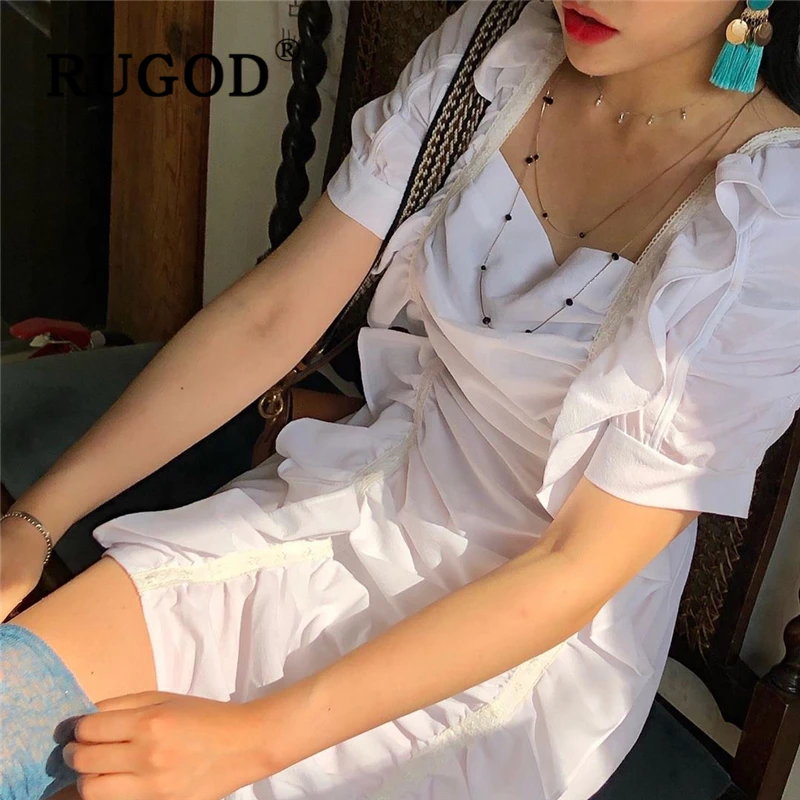 RUGOD корейское мини платье с оборками женское элегантное однотонные милые