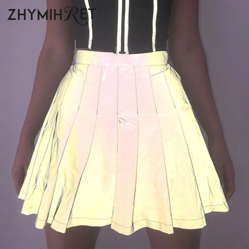 

ZHYMIHRET Fashion Reflective Pleated High Waist Skirt Women Faldas Mujer Moda 2019 Streetwear Jupe Femme Mini Skirt Femme