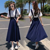 2022 summer women vintage mori girl long suspenders straps braces skirt school girl preppy style a line high waist pleated skirt