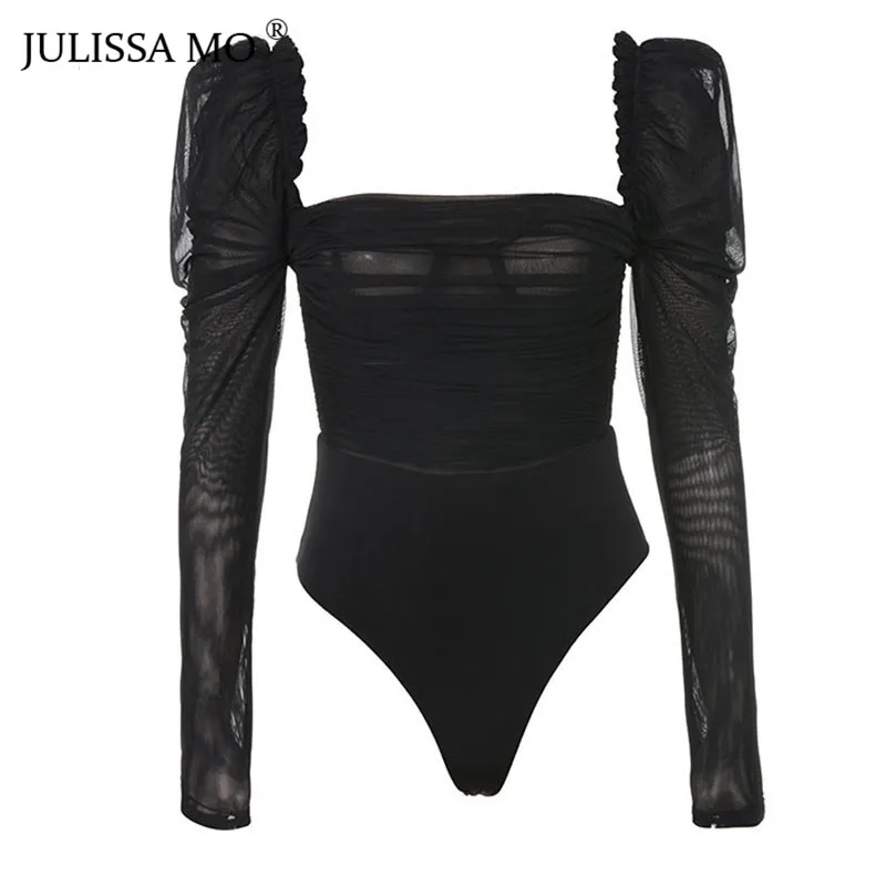 Черный Julissa mo летний сетчатый прозрачный боди для женщин без бретелек с длинным рукавом сексуальный комбинезон Черный Повседневный обтягивающий Женский топы s - Цвет: Черный