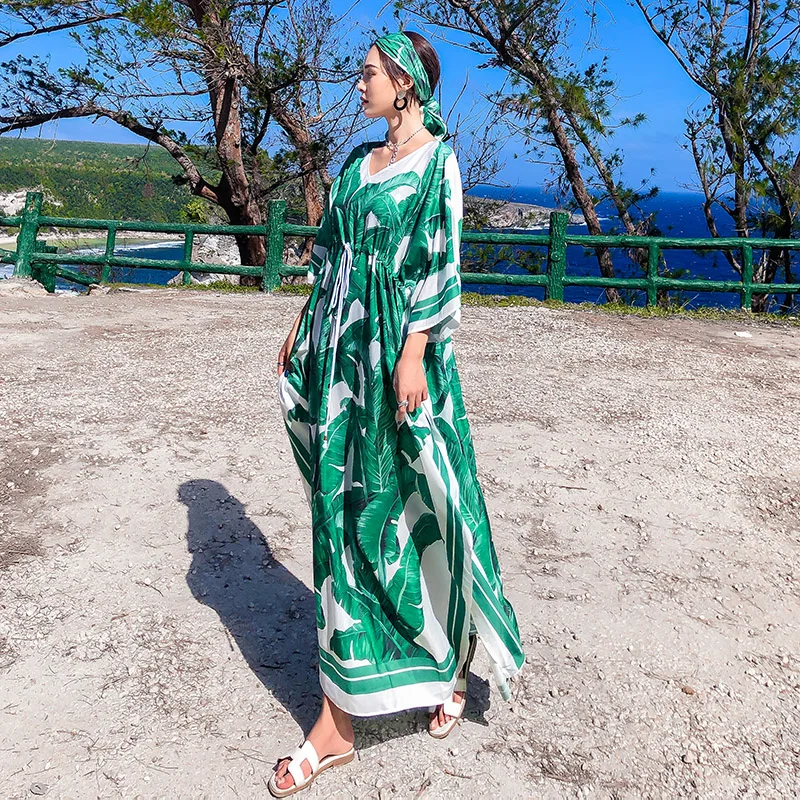 

High quality fashion designer women's dress 2019 new green print boho V-neck chiffon bat sleeve loose casual dress