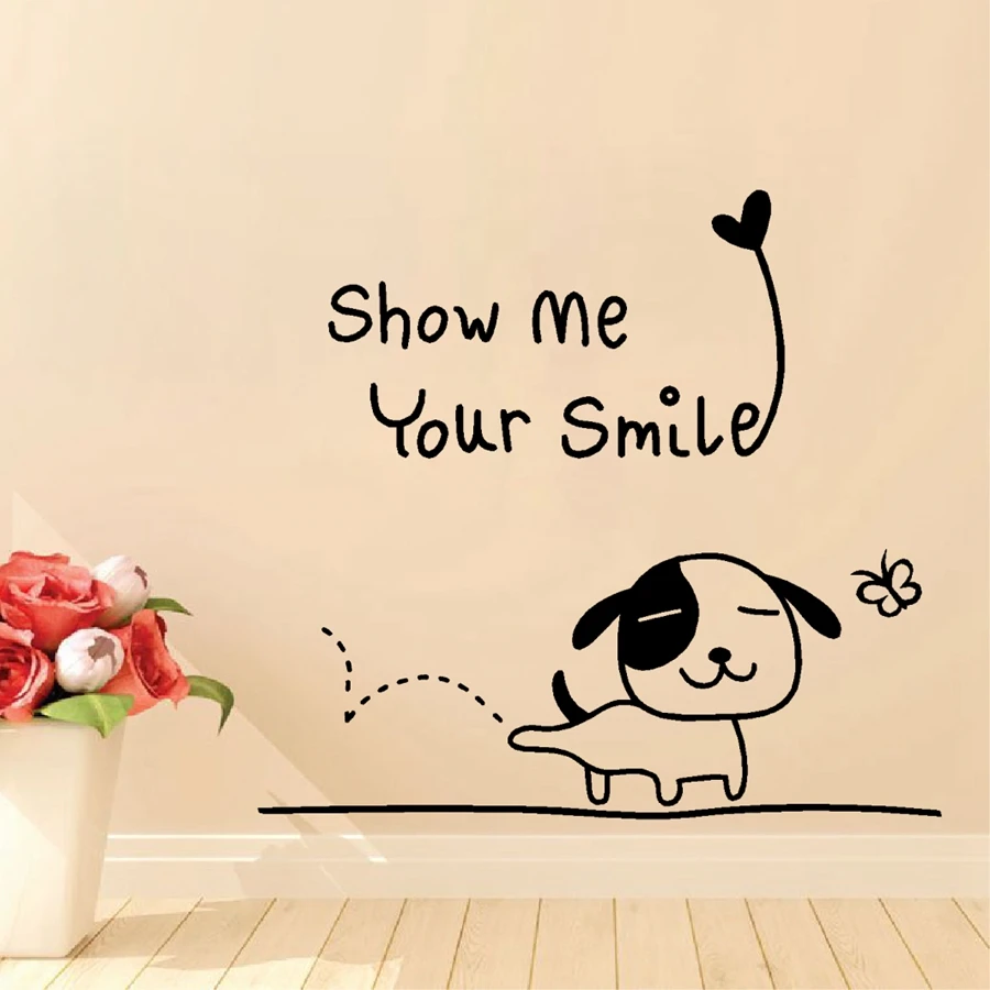 Фото Виниловая наклейка на стену «Show Me Your Smile» с изображением счастливого щенка, украшение детской комнаты №3