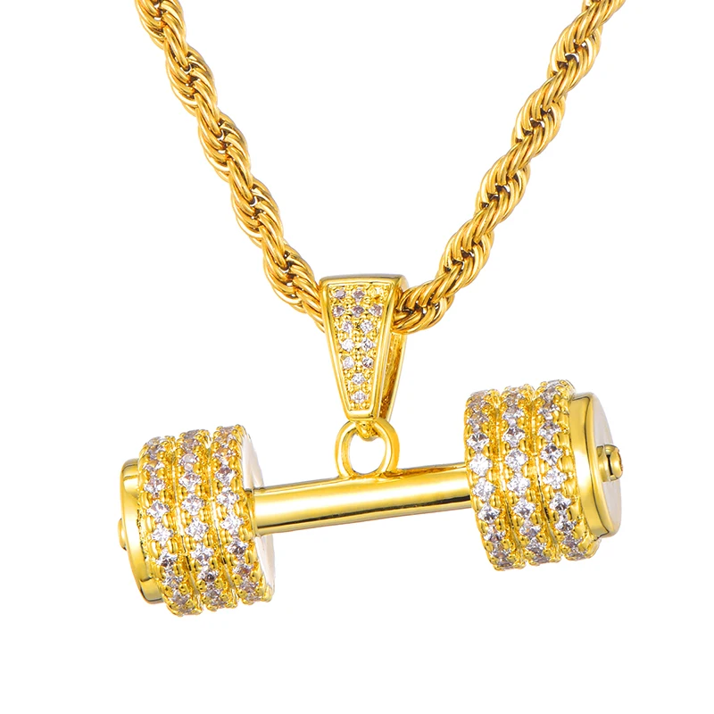 Хип хоп Iced Out Bling горный хрусталь цепь тренажерный зал фитнес-гантель золотой цвет Подвески в виде руки и ожерелья для мужчин ювелирные изделия