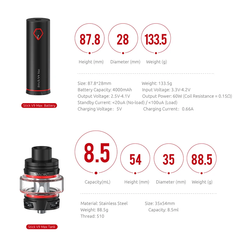 Новейший набор SMOK Stick V9 max 4000 мА/ч для вейпа с аккумулятором 8 5 мл испаритель Vs