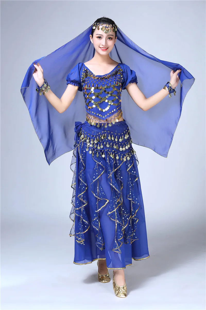 Royal blue Женский танец живота взрослый индийский танец живота шифон болливуд 5 шт.(топ+ юбка+ поясная цепочка+ монета вуаль+ браслет) производительность - Цвет: Royal blue