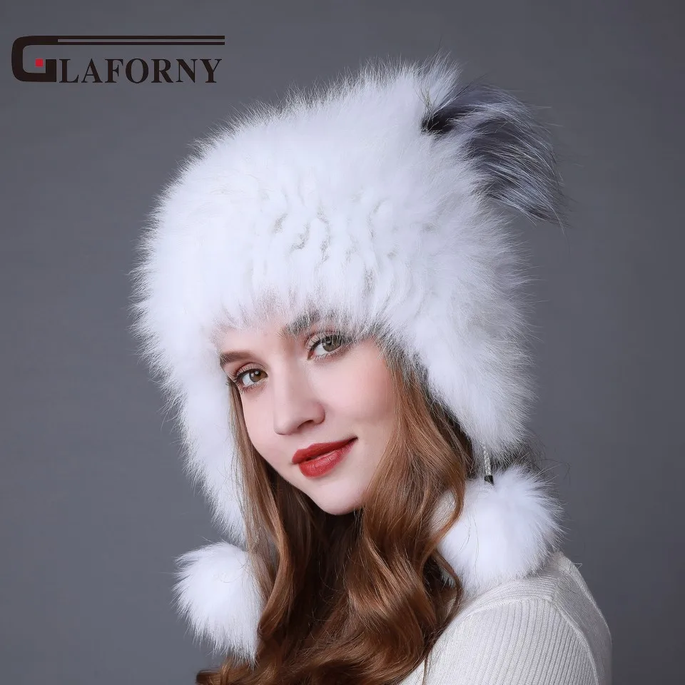 Женские вязаные меховые шапки Glaforny теплые ушанки с помпонами из лисьего меха