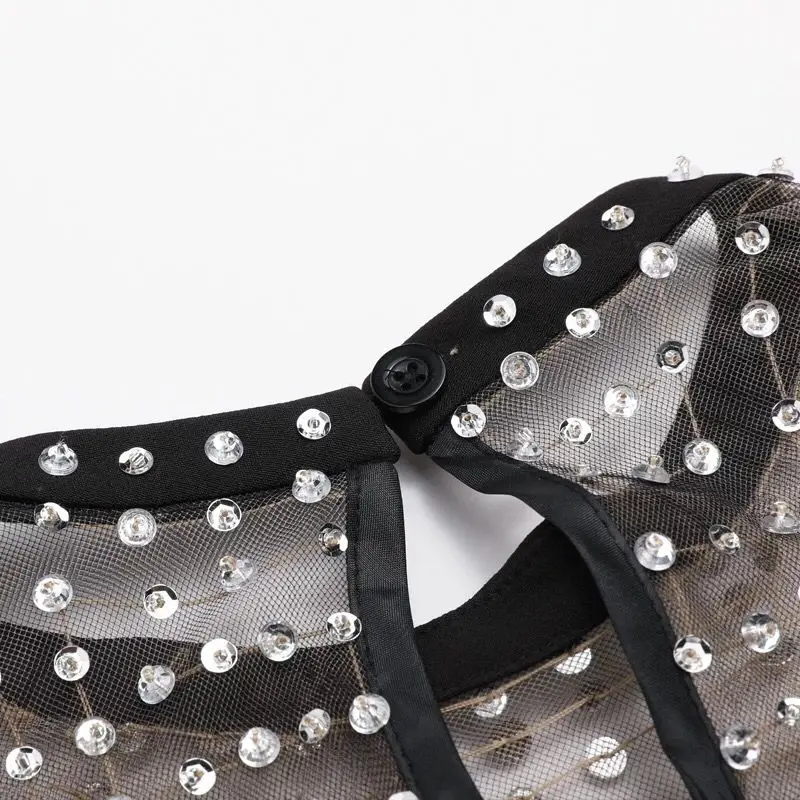 

Runway Luxury Diamonds Beading Sexy Mesh Patchwork Ruffles High Quality 2018 Summer Female Black Party Office Lady Elegant Dress