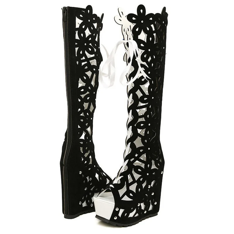 Женские черные сапоги до колена на каблуке пикантные модные красные высокие с