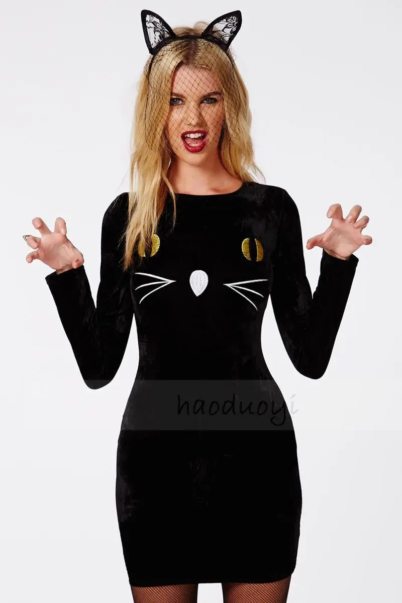 playful cat face embroidered dress sexy one step women fashion bodycon for wholesale and free shipping haoduoyi | Женская одежда