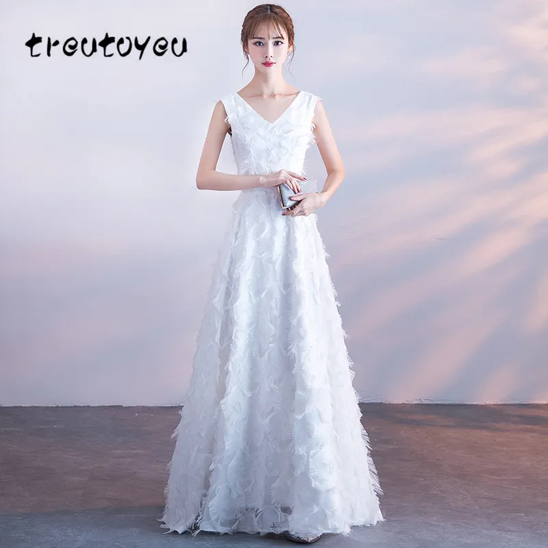 Treutoyeu Evening White Dress for Princess Summer New Fashion Floor Length Pure V-Neck Party D074 | Женская одежда