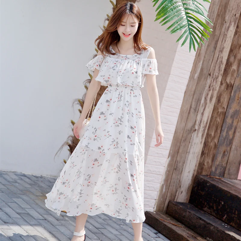 

Chiffon Dress Slim Summer 2019 Bohemia Mid-length Round Neck Beach Party Holiday Casual Fashion Sweet Dress Female