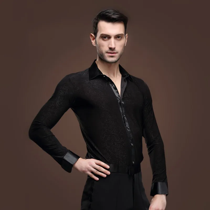 

man Latin dance shirt adult black Pattern modern dance costume chacha rumba Samba square dance clothes long sleeve shirt male