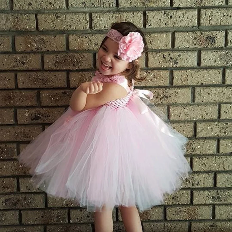Pink and White Knee Length Tutu Dress with Headband Flower Girl Princess for Birthday Photo Wedding TS110 | Детская одежда и обувь