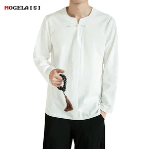 Мужская льняная рубашка без воротника, длинная однотонная льняная рубашка с пряжкой, размер M-5XL