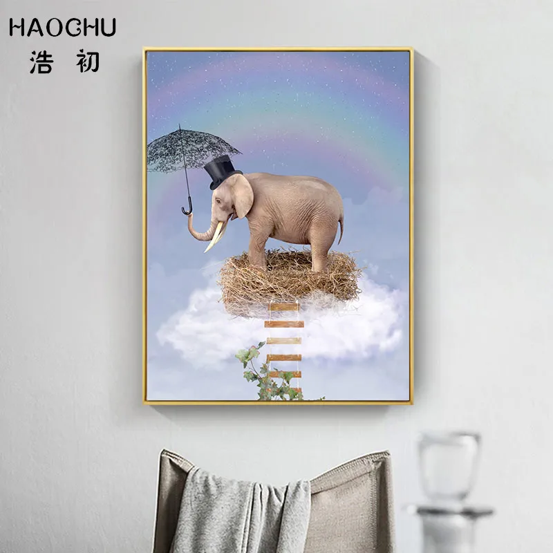 HAOCHU Nordi плакат розовый слон бабочка живопись на холсте мультфильмы воздушном
