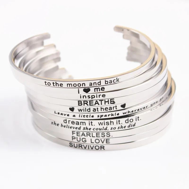 50Pcs/lot Mix Random Stainless Steel Engraved Positive Inspirational Quote Hand imprint Cuff Bracelet Rose Gold Mantra Bangle | Украшения и