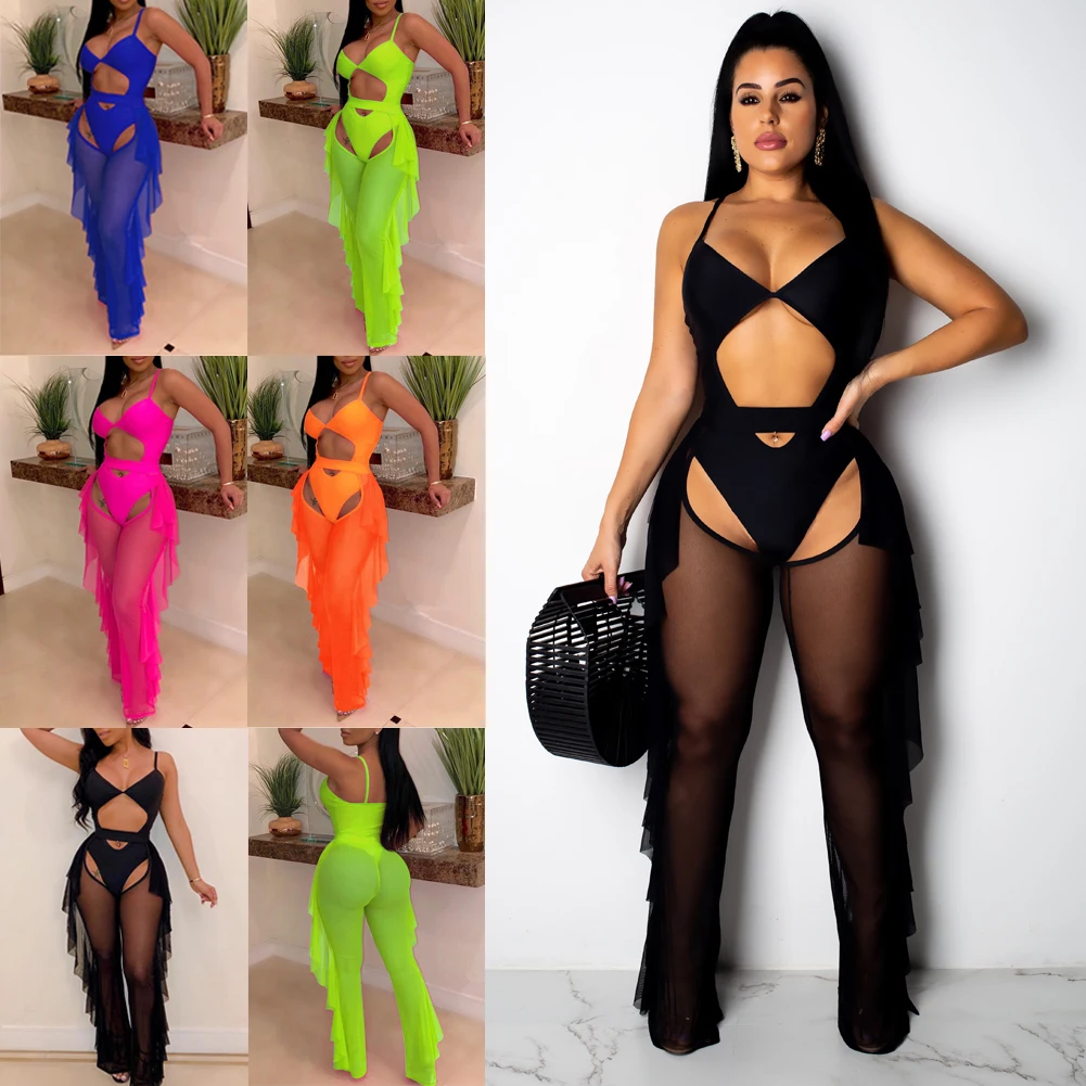 New Summer Women See Though Mesh Ruffle Sheer Wide Leg Pants Trousers Bikini Cover Up Bikini Set Bathing Suit Beachwear