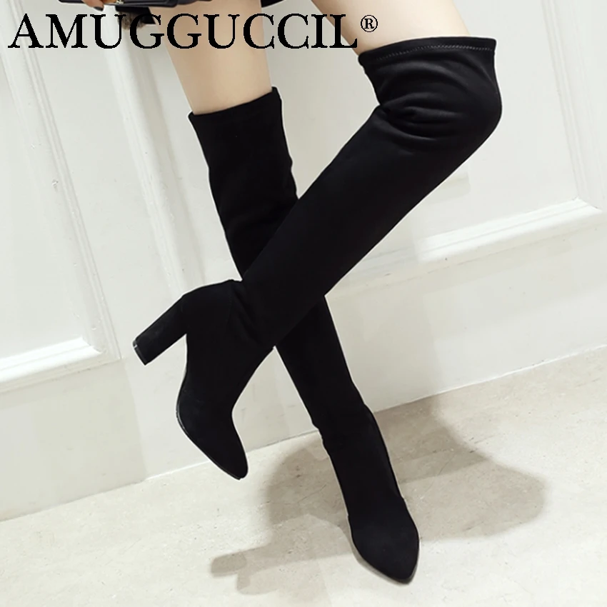 Женские сапоги выше колена черные серые персиковые на высоком каблуке большие