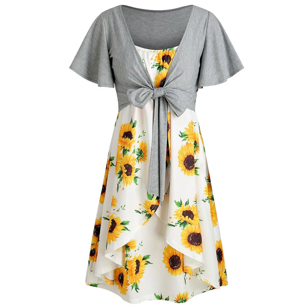 New women's short sleeved Bow Tie Blouse Sunflower Print Dress Suit Fashion Summer Girl Comfortable Dresses Casual|Женские платья| |