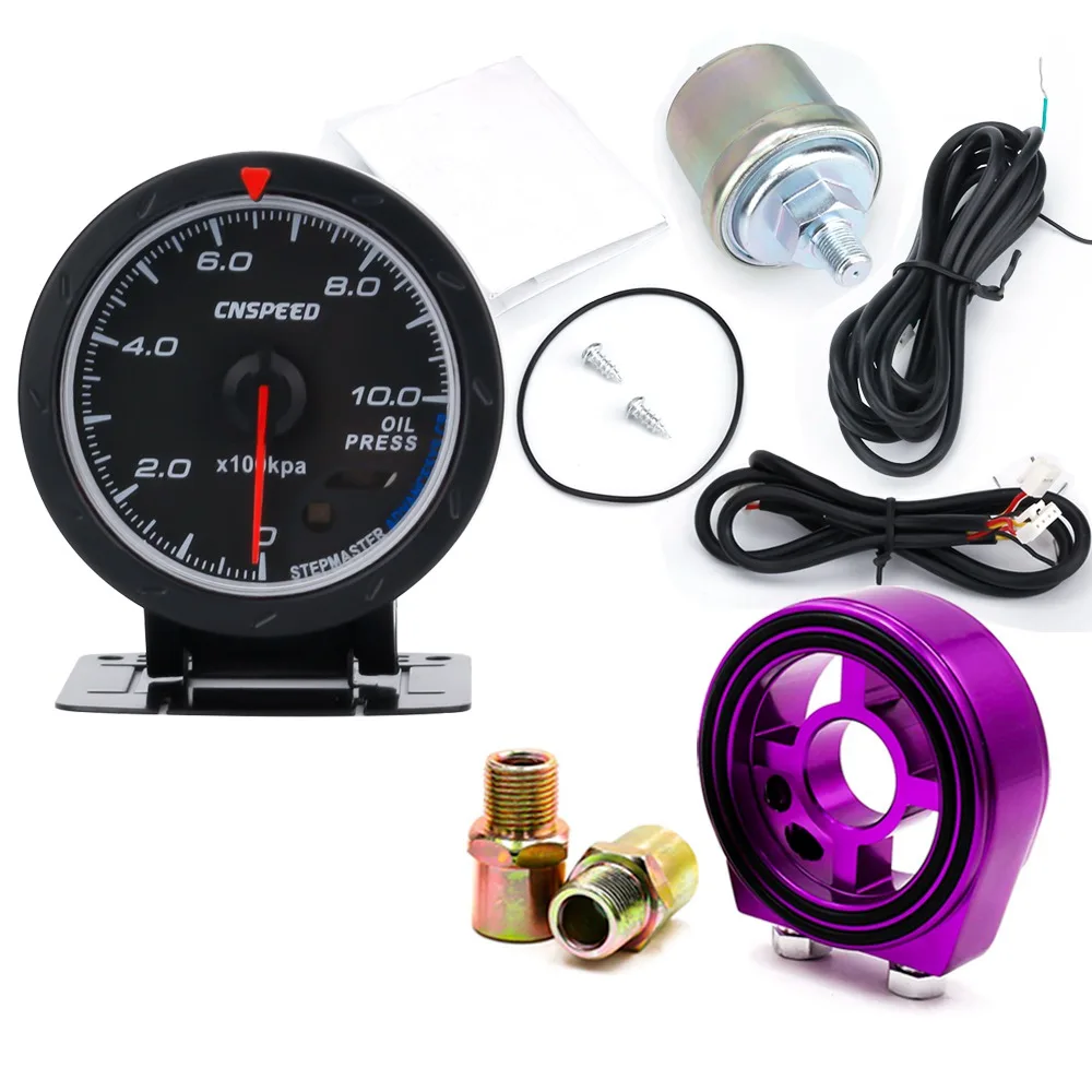 purple Adapter CNSPEED 60 мм Автомобильный 12 В Масляный Пресс ure Gauge 0-10 бар Масляный Пресс-метр с датчиком красный и белый светильник с масляным фильтром сэндвич-адаптер - Цвет: purple Adapter