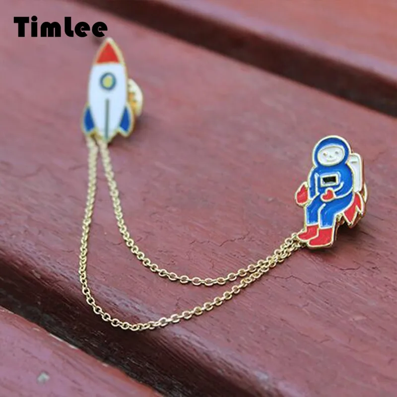 Timlee X027 Free shipping Originality Cute Drip Oil Astronaut Rocket Chain Alloy Brooch Pins Fashion Jewelry Wholesale | Украшения и