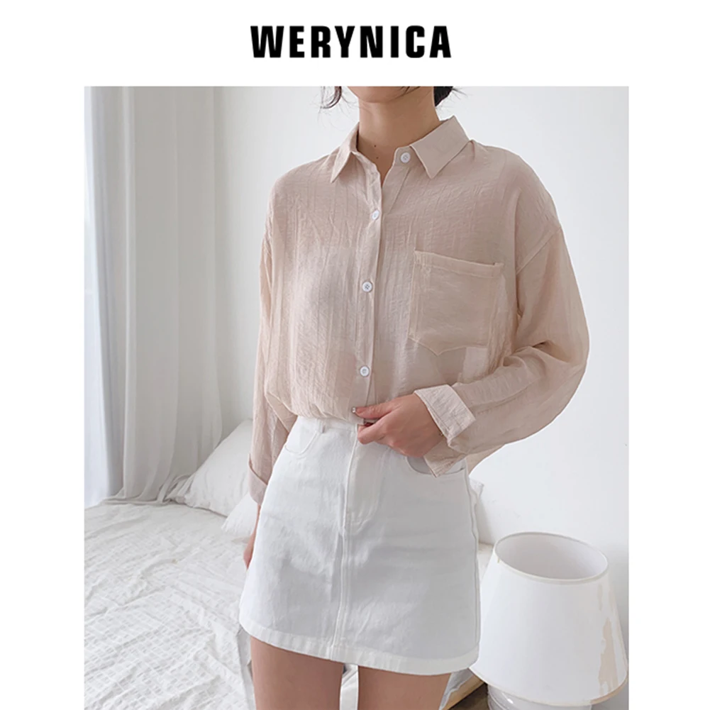Женские блузки WERYNICA 2019 модная офисная рубашка с длинным рукавом и отложным