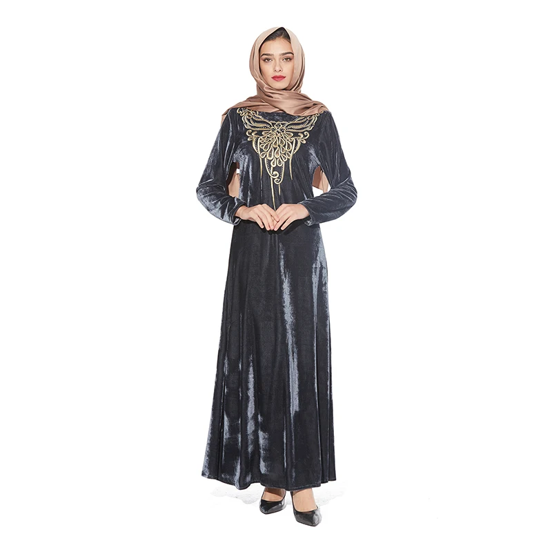 

Мусульманское бархатное Макси-платье с вышивкой Abaya, длинное платье, кимоно, джилбаба, Рамадан, арабский Дубайский кафтан, мусульманская мол...