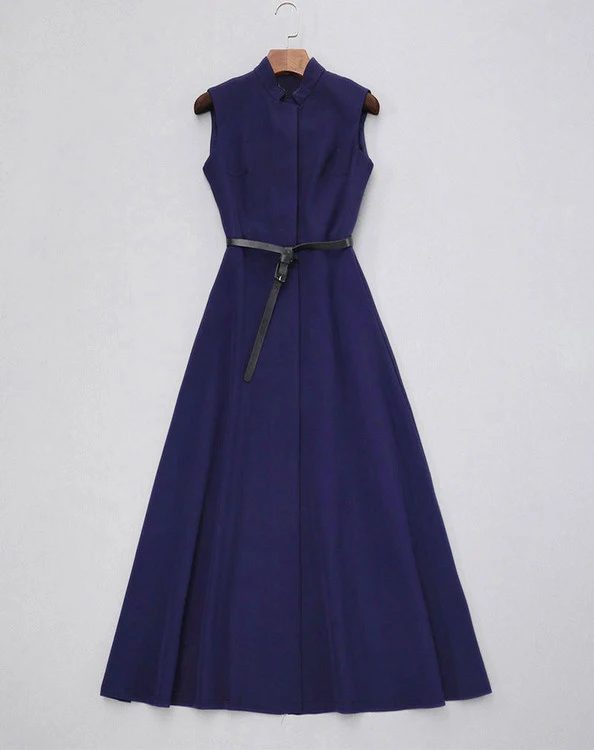 

Women long dress blue spring summer 2018 stand collar long design sleeveless dress with belt new arrival
