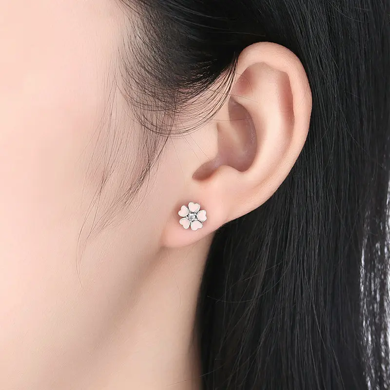 100% 925 Sterling Silver Fashion Pink flowers Crystal Ear Studs Earrings for Women Genuine Small Stud | Украшения и аксессуары