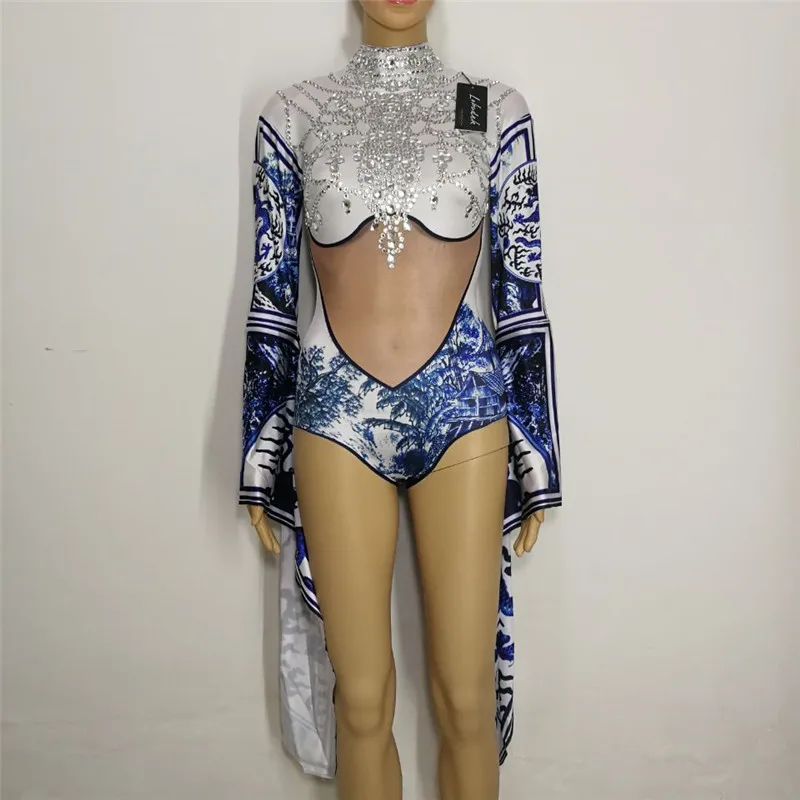 Sparkly rhinestones sexy bodysuit Pagoda sleeve leotard jumpsuit bright Crystals costume Nightclub Party DJ performance clothing