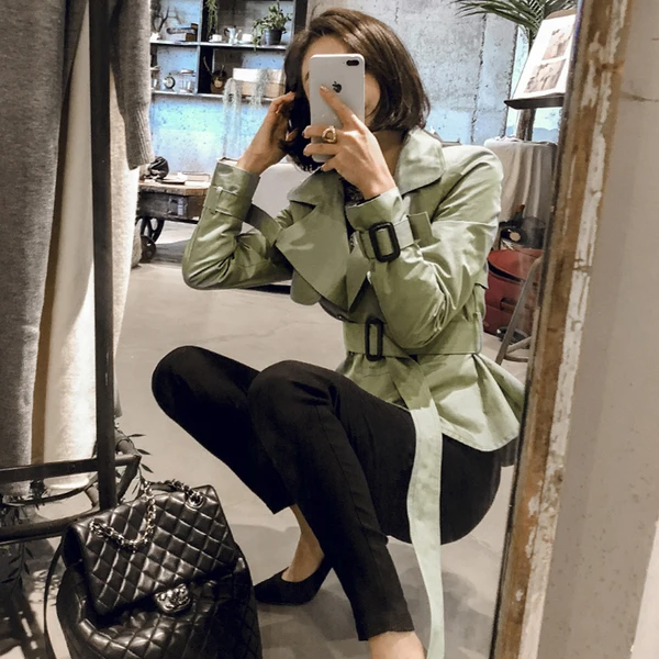 Женское зеленое пальто SHTONGHUA повседневное приталенное с отложным воротником и