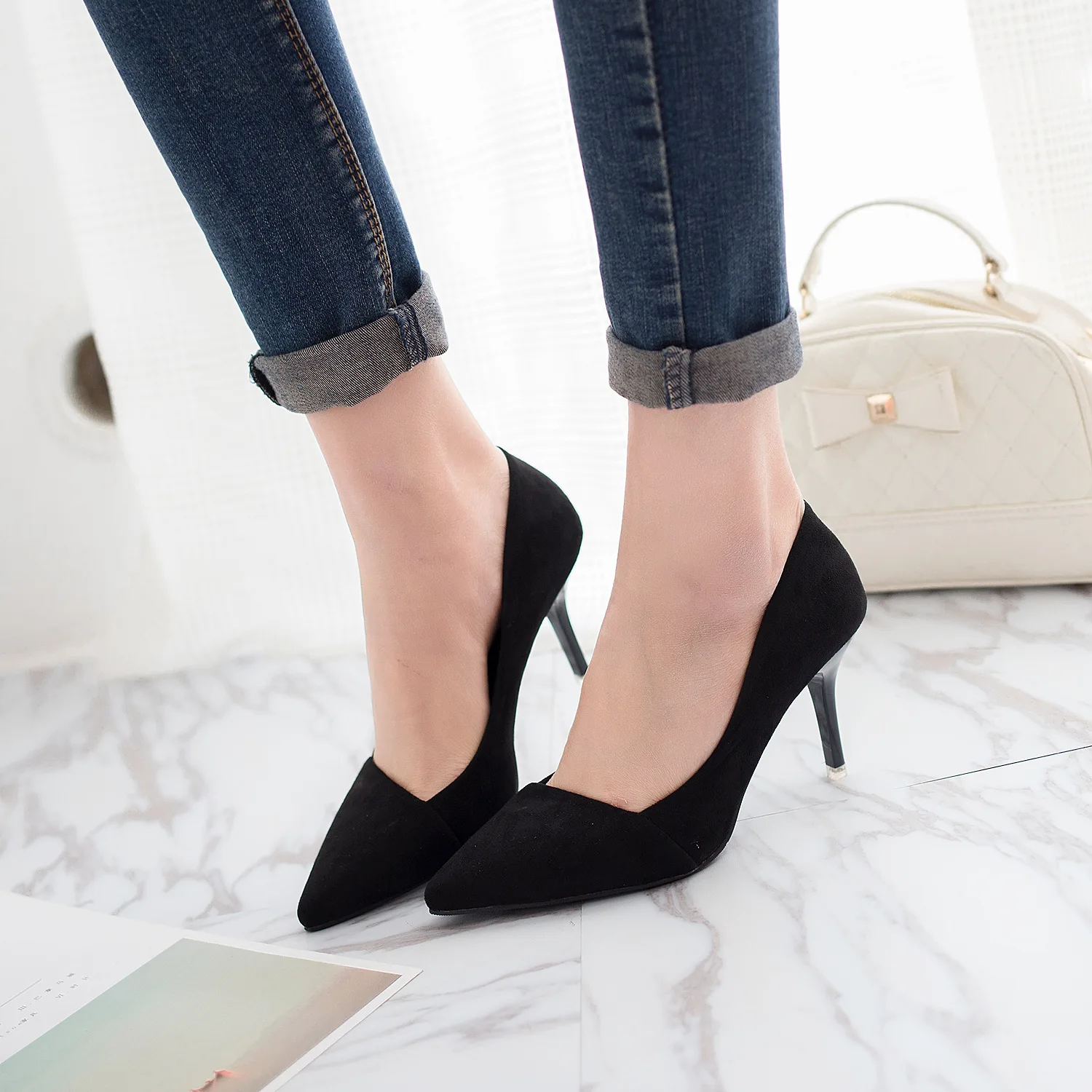 Женские туфли с острым носком Koovan туфли-лодочки из флока на высоком каблуке 8 см и