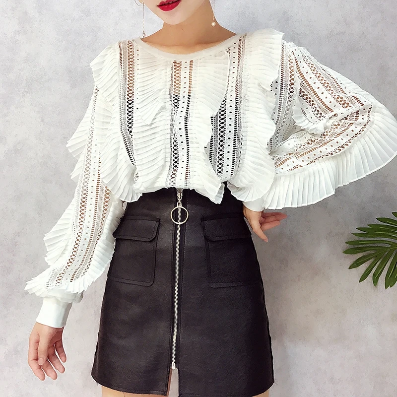 ALPHALMODA Осенние новые кружевные блузки с оборками в полоску сексуальные женские