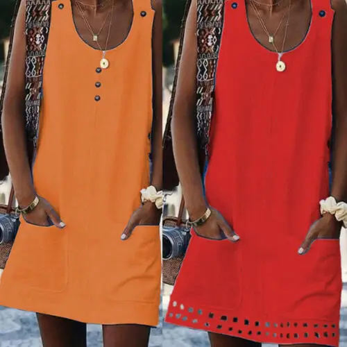 Модное женское льняное платье без рукавов с карманами на кнопках свободная