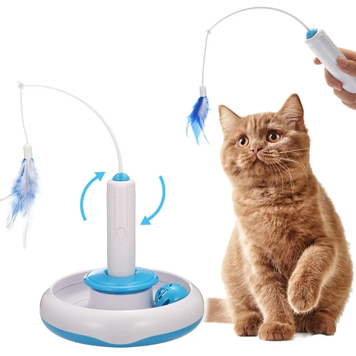 Blue Кошачьи интерактивные игрушки, электрические вращающиеся перьевые игрушки, спиннинг, тизер, жезл, движение, игрушка для кошки, автоматизированная активность, игрушка для кошек, котенок - Цвет: Blue