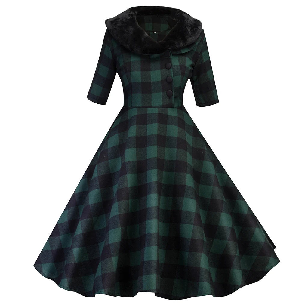 Винтажное клетчатое ретро-платье женские зимние утепленные элегантные стильные
