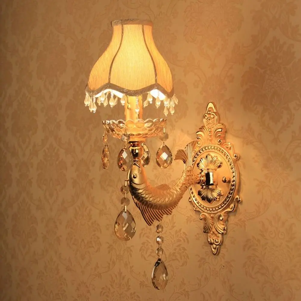 Crystal Corridor Wall Lights European Golden Carved Alloy Fish Bedroom Bedsides Sconces Candle Style Living Room Light | Лампы и