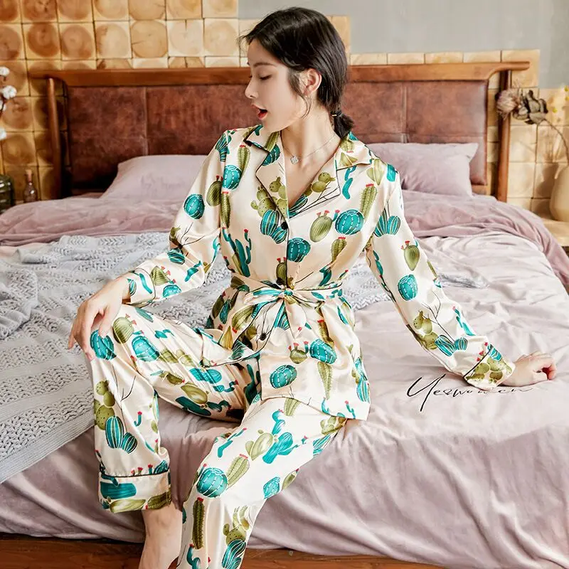 

2019 Cute Ice Silk Sleepwear Women Pajama Sets Fashion Long Sleeve Pants Suit With Belt Satin Pyjama Femme Home Wear