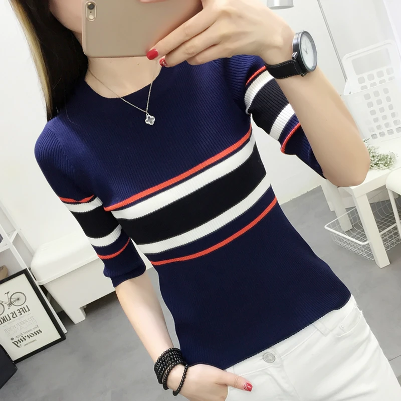 

Sleeve sweater women's pullover 2019 spring and autumn new half sleeve bottoming shirt women's slim striped short-sleeved shirt