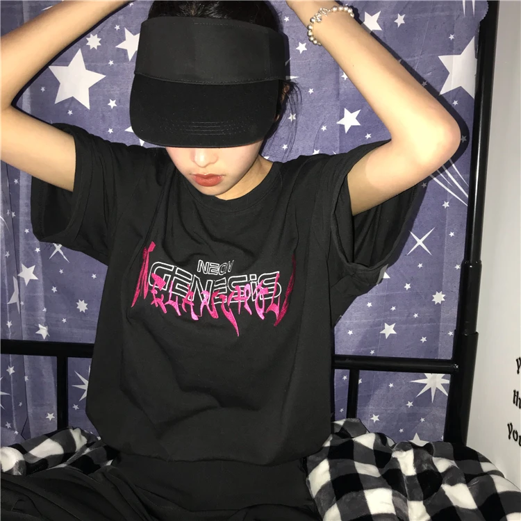 Harajuku модная женская футболка с коротким рукавом, шикарная Студенческая футболка с вышивкой и двумя буквами, винтажные свободные летние женские топы