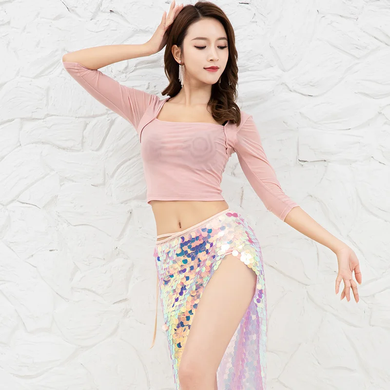 

2019 Woman Belly Dance Costume Set Sexy Mesh Short Sleeve Gypsy Top Female Practice Belly Shirt Belly Dance Clothes DQS1241