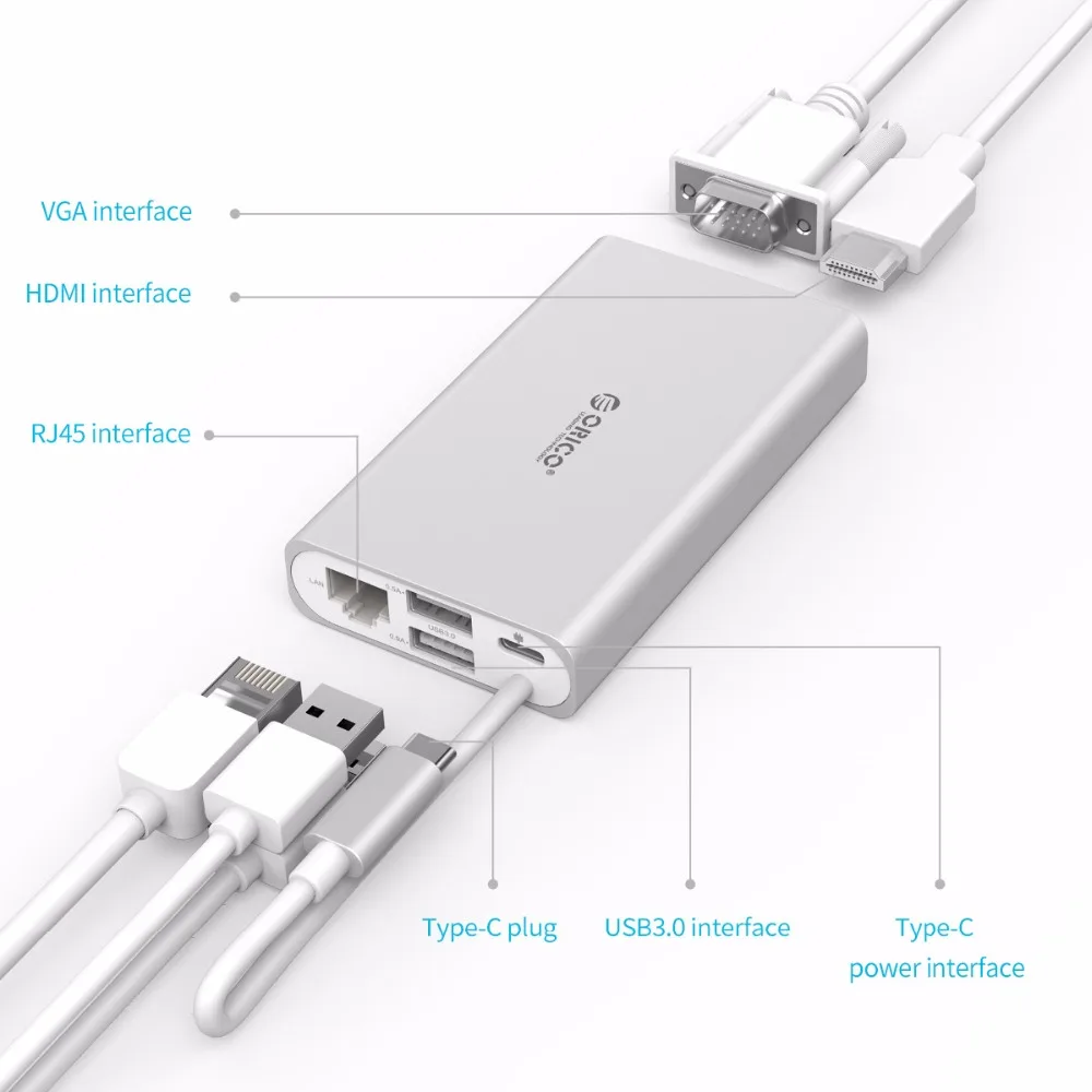 Алюминиевая док станция ORICO 5 в 1 концентратор питания Type C для VGA/HDMI 4K HD/RJ45 сетевой