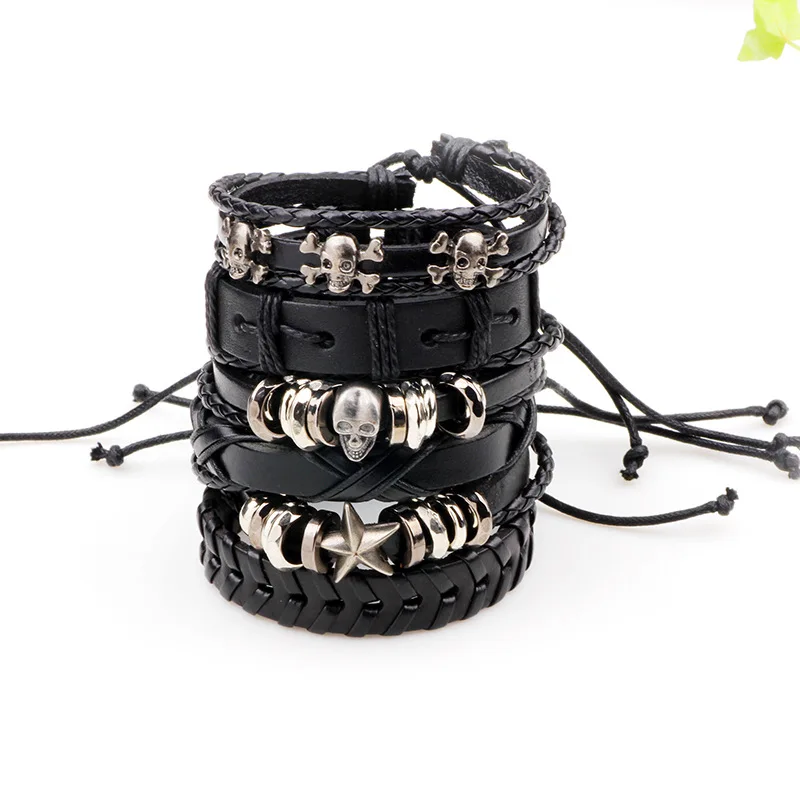 6pcs/set Boho Gypsy Hippie Punk Star Skull Charm Black Leather Cord Wrap X Knot Layers Stacked Adjustable Bracelets Set for Man