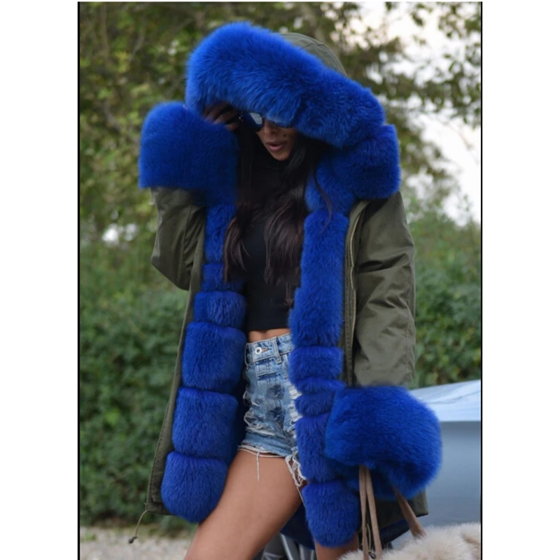 Tatyana Furclub Real Fur Parka Coat 2022 New Winter Fur Jacket For Women Armygreen Outerwear With Blue Fur Collar Fashion Parkas
