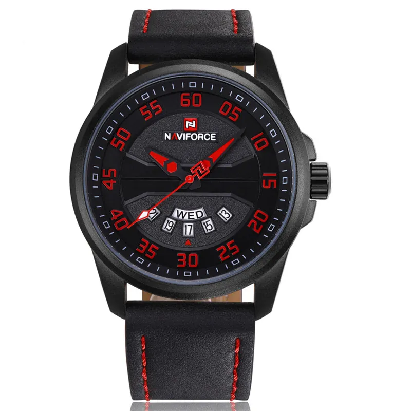 Black Red Роскошный бренд NAVIFORCE мужские модные спортивные часы мужские кварцевые часы мужские кожаные водонепроницаемые военные наручные часы relogio masculino - Цвет: Black Red