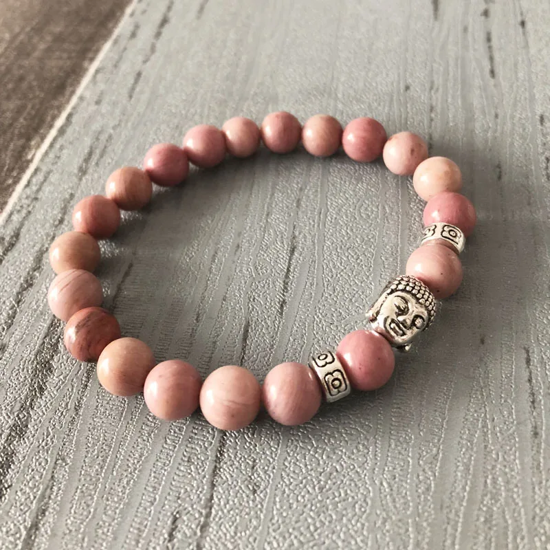 

8mm Rhodonite bracelet For Women buddha Head mala prayer beads wrist rhodonite pink stone bracelet For Unisex