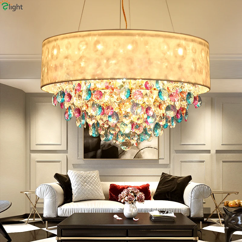 

Современный подвесной светильник с цветными кристаллами, светодиодный металлический потолочный светильник золотого цвета для столовой, г...