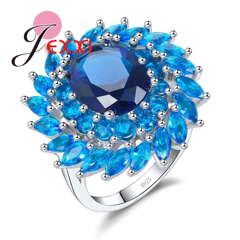 

Mystery Blue Flower Round Cubic Zirconia Rings 925 Sterling Silver Finger Jewelry for Women Bridals Wedding