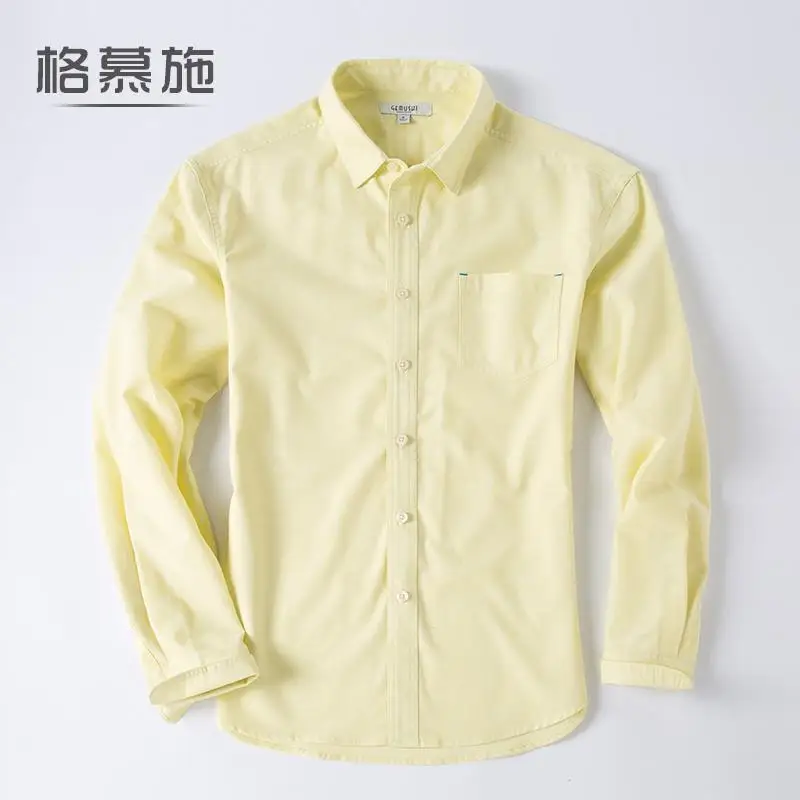 Yellow Новая рубашка с длинными рукавами для молодых мужчин, весенняя, Бамбуковая, чистый хлопок, очень большая, модная, однотонная, удобная, размер M-4XL, 5XL, 6XL - Цвет: Yellow