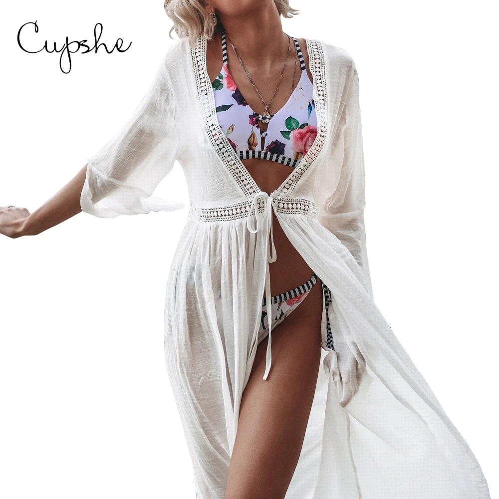 CUPSHE, сексуальное женское однотонное белое бикини, накидка, открытая спина, Пляжное Платье, купальник, пляжный купальник, летний купальник, туника, кимоно